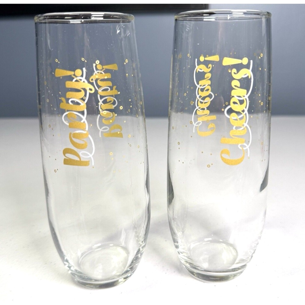 Set of 2 Champagne Glasses Stemless, "Party" & "Cheers" Glass Gift Set Celebrate